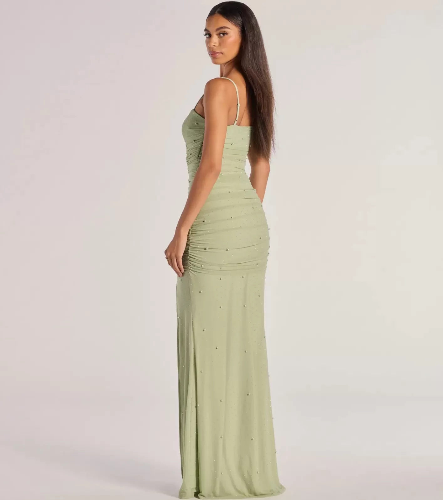 Windsor Annika Pearl And Rhinestone Ruched Mesh Mermaid Dress SAGE Cheap