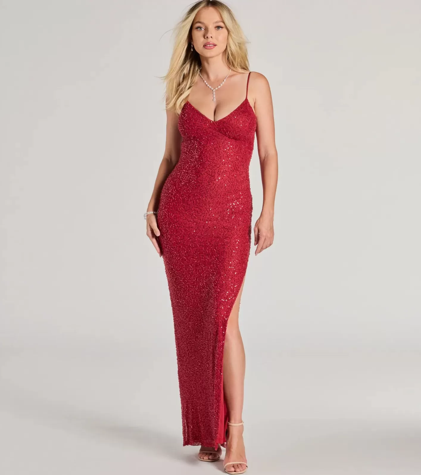 Windsor Arielle Sequin Beaded Mesh High Slit Formal Dress RED Cheap
