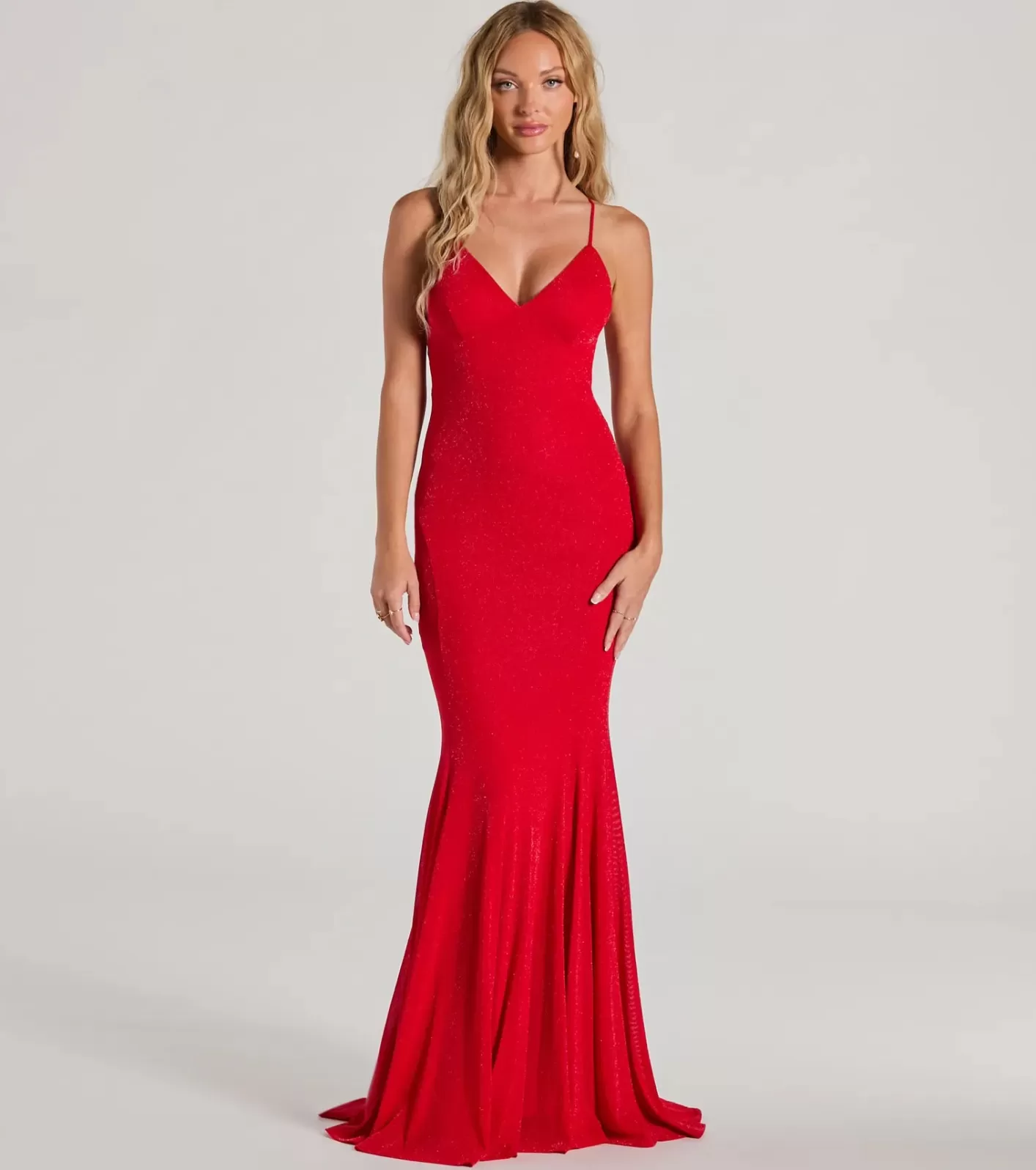 Windsor Ariyah Lace-Up Mermaid Glitter Mesh Formal Dress RED Flash Sale