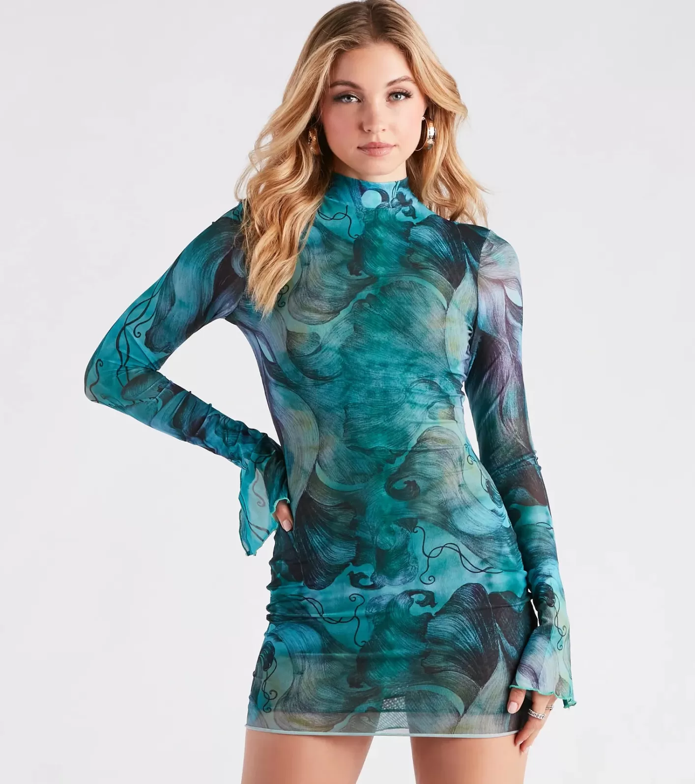 Windsor Artsy Play Abstract Mock Neck Mini Dress BLUE Shop