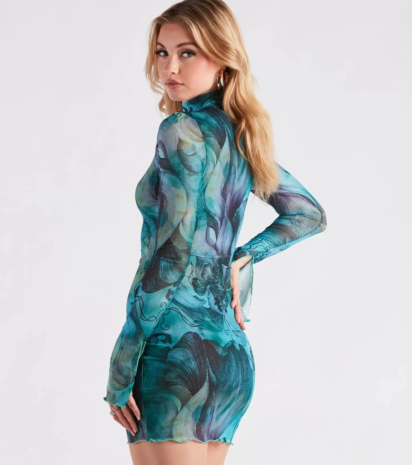 Windsor Artsy Play Abstract Mock Neck Mini Dress BLUE Shop