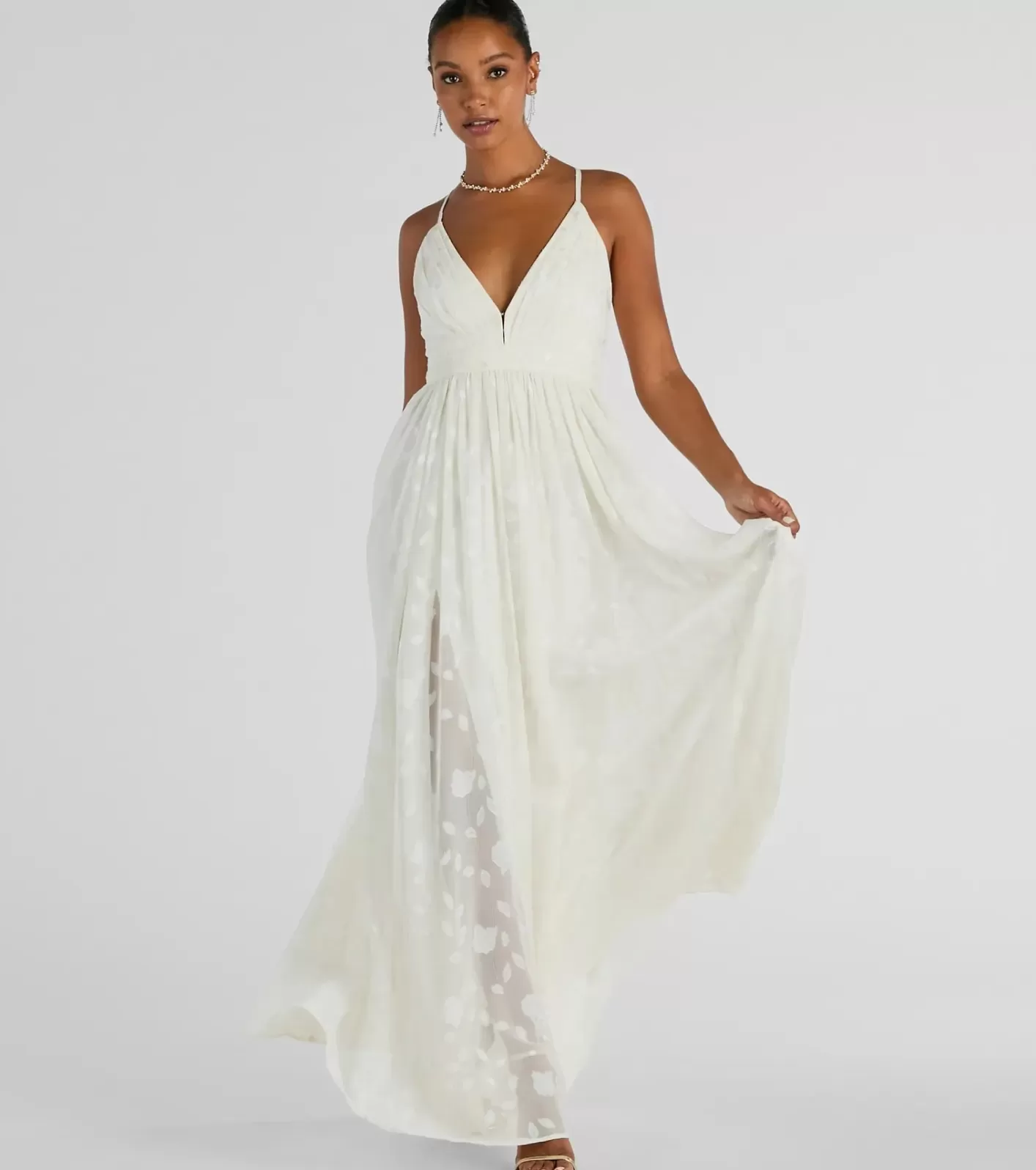 Windsor Arya V-Neck Strappy A-Line Floral Chiffon Formal Dress IVORY Sale