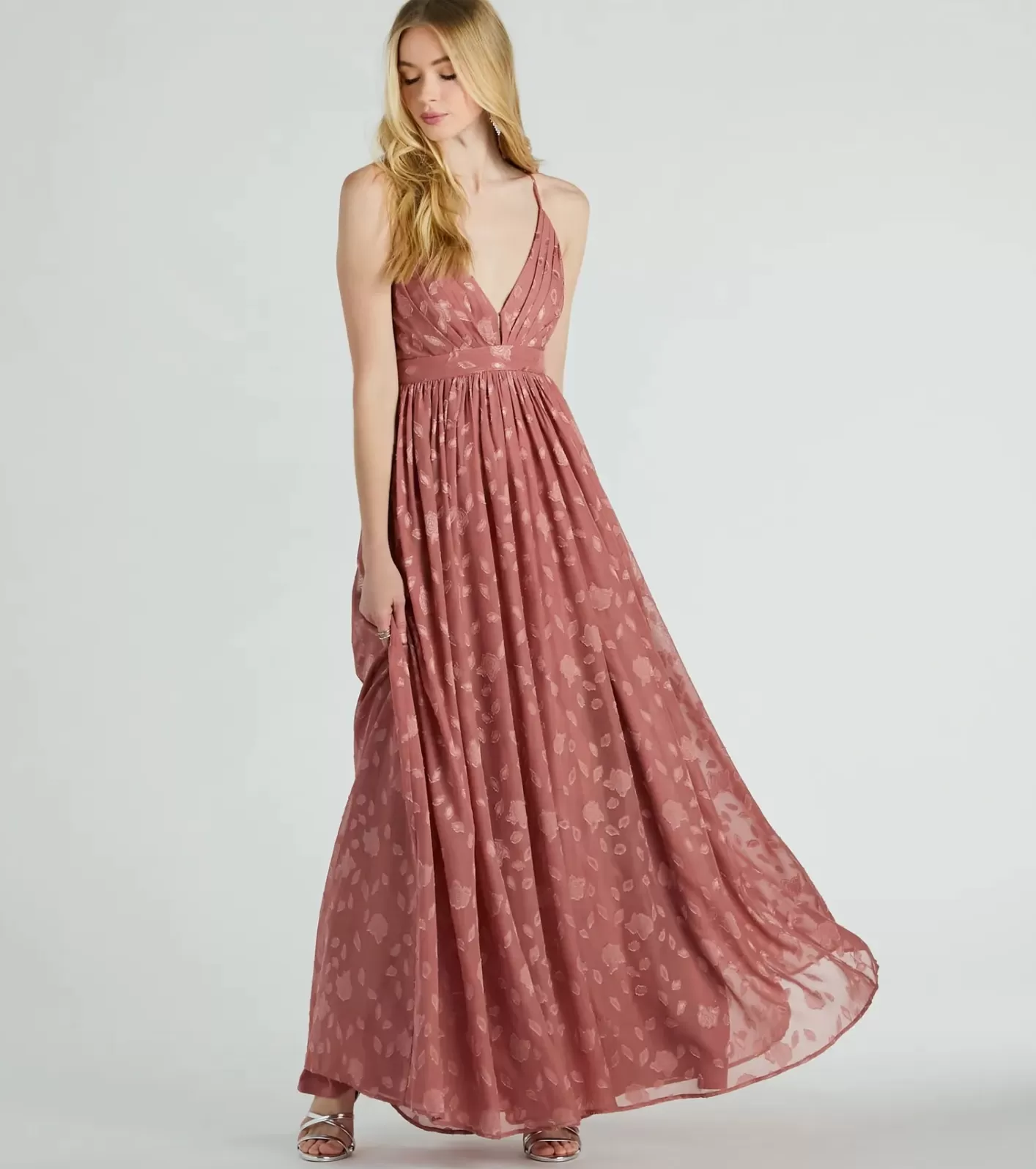 Windsor Arya V-Neck Strappy A-Line Floral Chiffon Formal Dress MAUVE Clearance