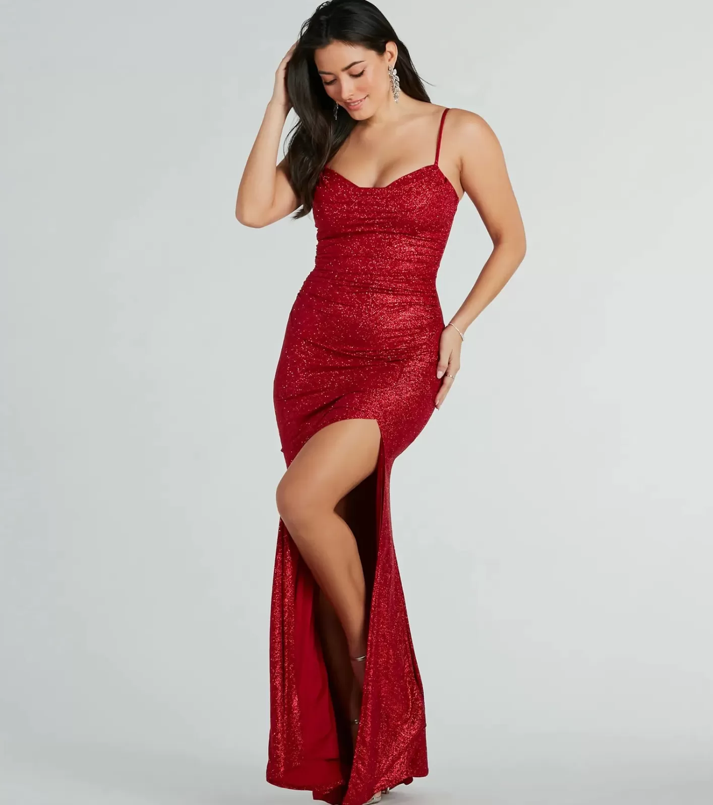 Windsor Ashelyn Cowl Neck Glitter Mermaid Formal Dress RED Sale