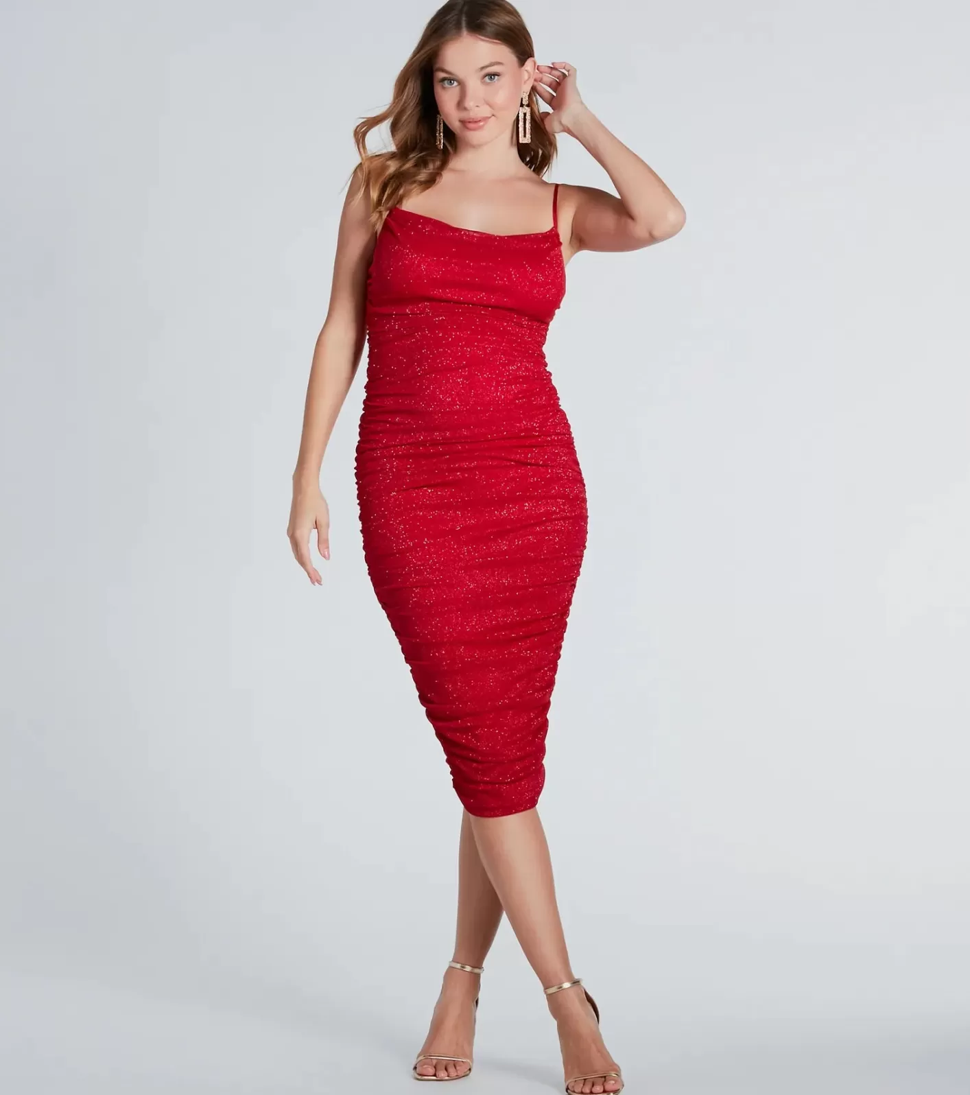 Windsor Ashlee Formal Glitter Cowl Neck Midi Dress RED New