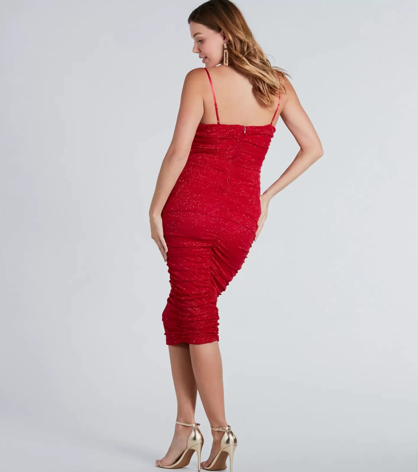 Windsor Ashlee Formal Glitter Cowl Neck Midi Dress RED New