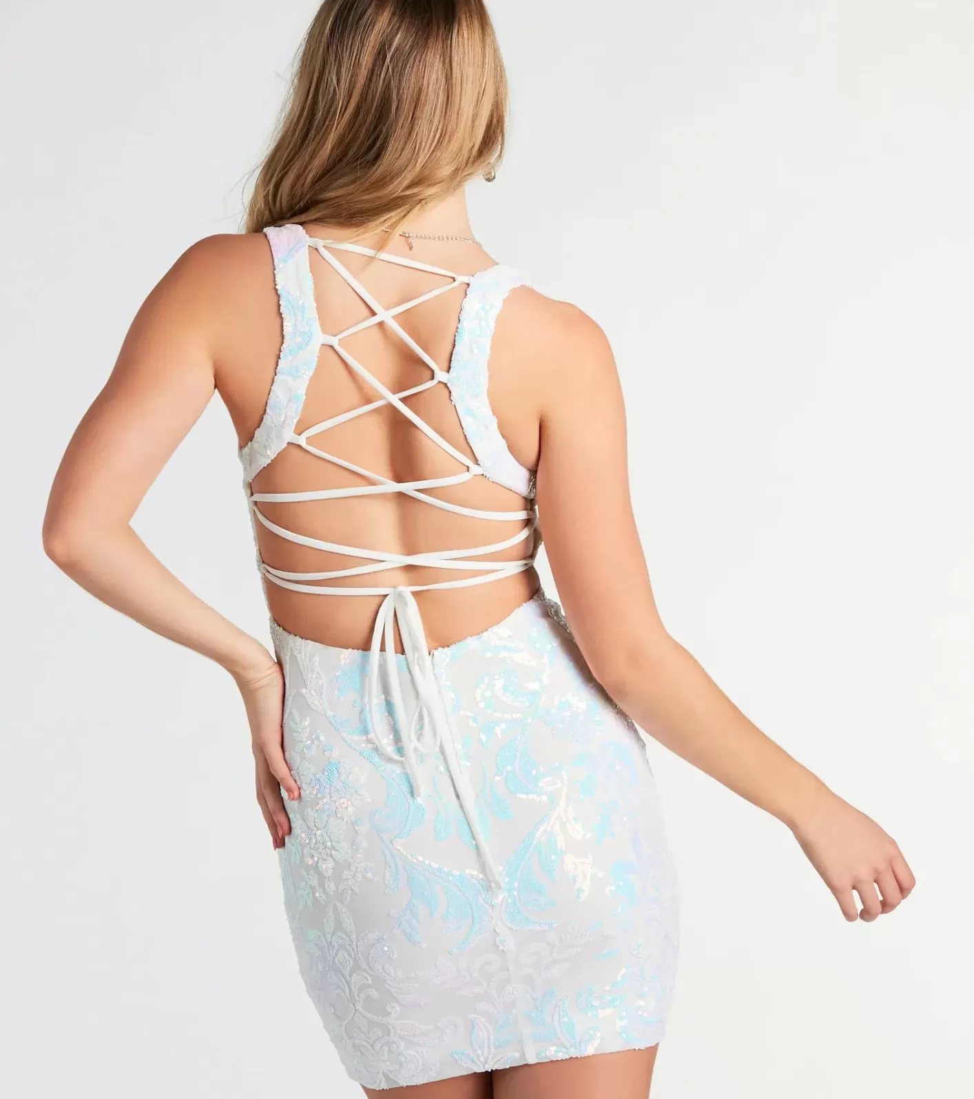 Windsor Aubree Lace-Up Sequin Party Dress WHITE Clearance