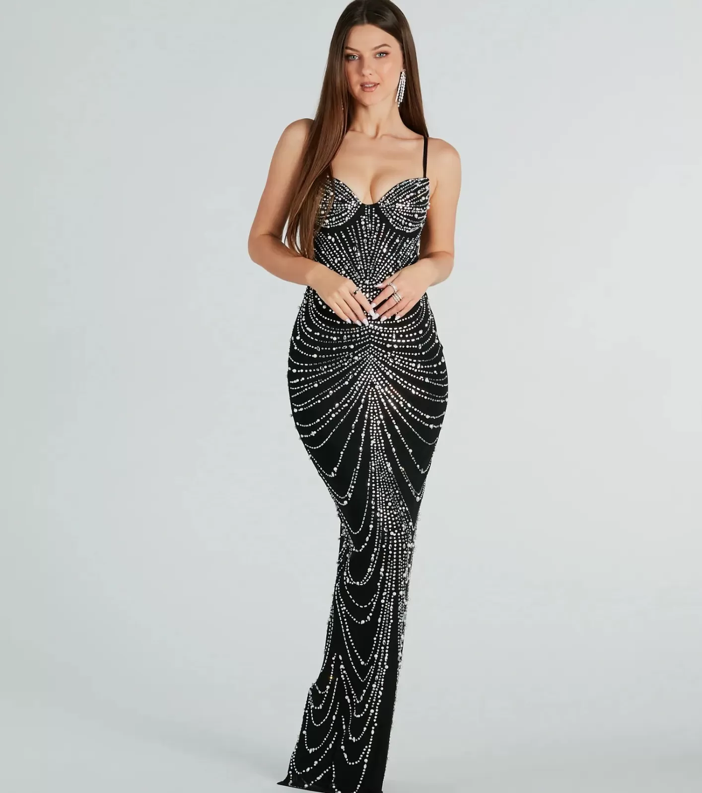 Windsor Aubrie Formal Rhinestone And Pearl Mesh Long Dress BLACK Fashion