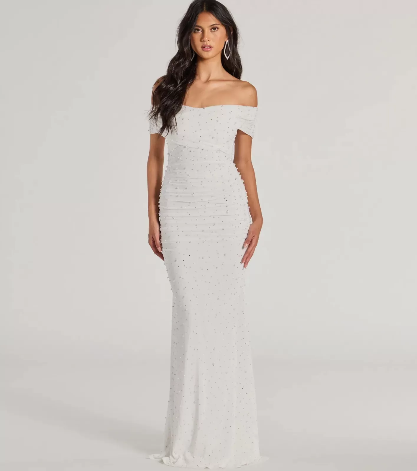 Windsor Aubriella Rhinestone And Pearl Mesh Mermaid Dress WHITE Discount