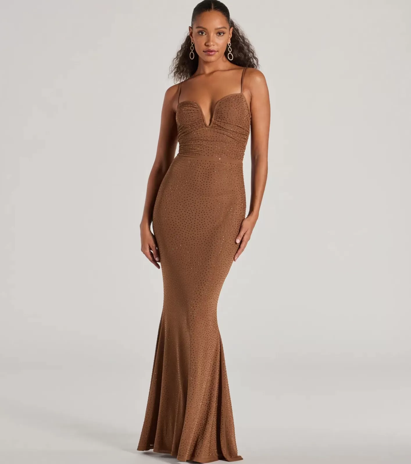 Windsor Avianna Formal Rhinestone Mesh Mermaid Dress MOCHA Cheap
