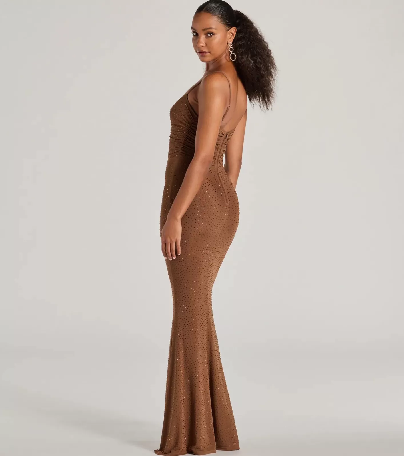 Windsor Avianna Formal Rhinestone Mesh Mermaid Dress MOCHA Cheap