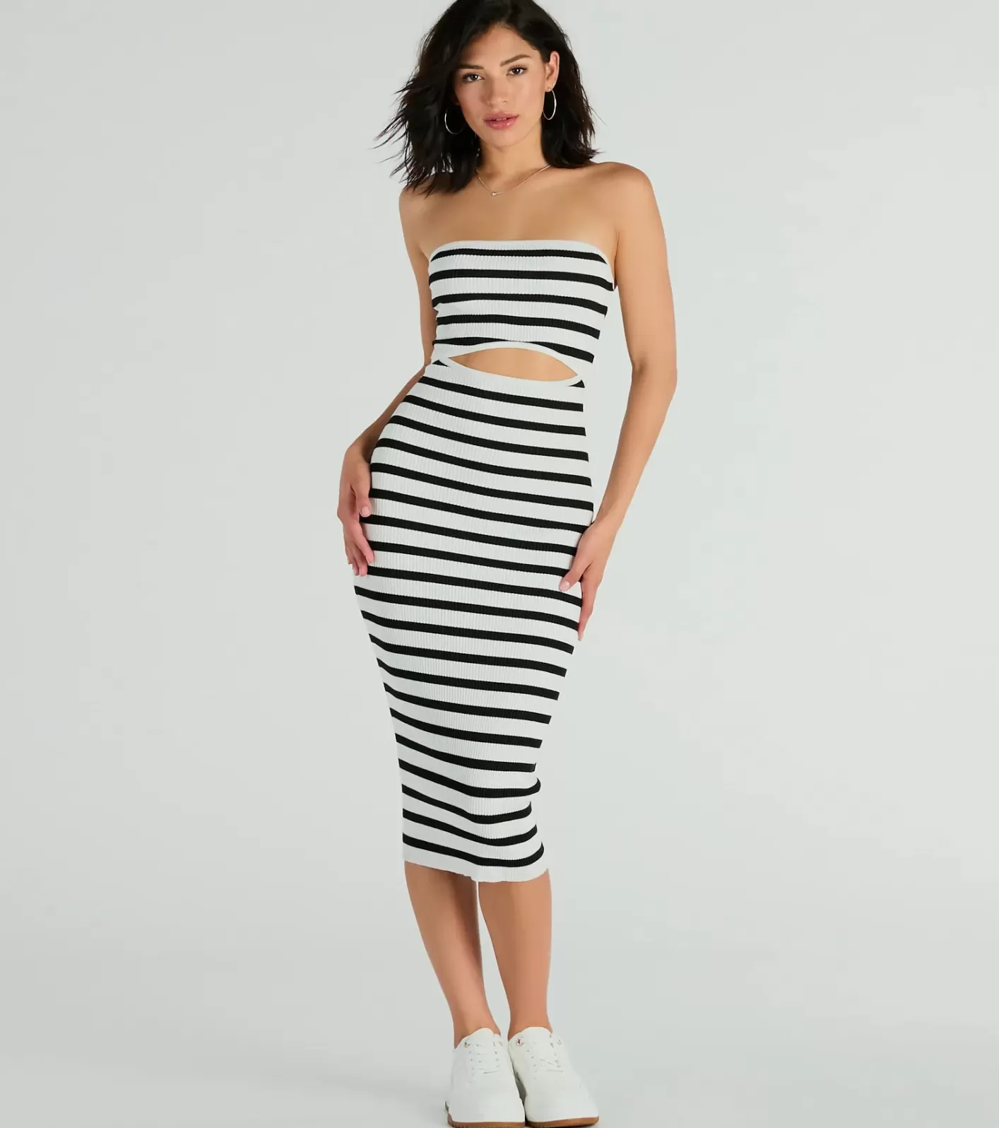 Windsor Babe In Stripes Strapless Cutout Ribbed Knit Midi Dress BLACK/WHITE Store
