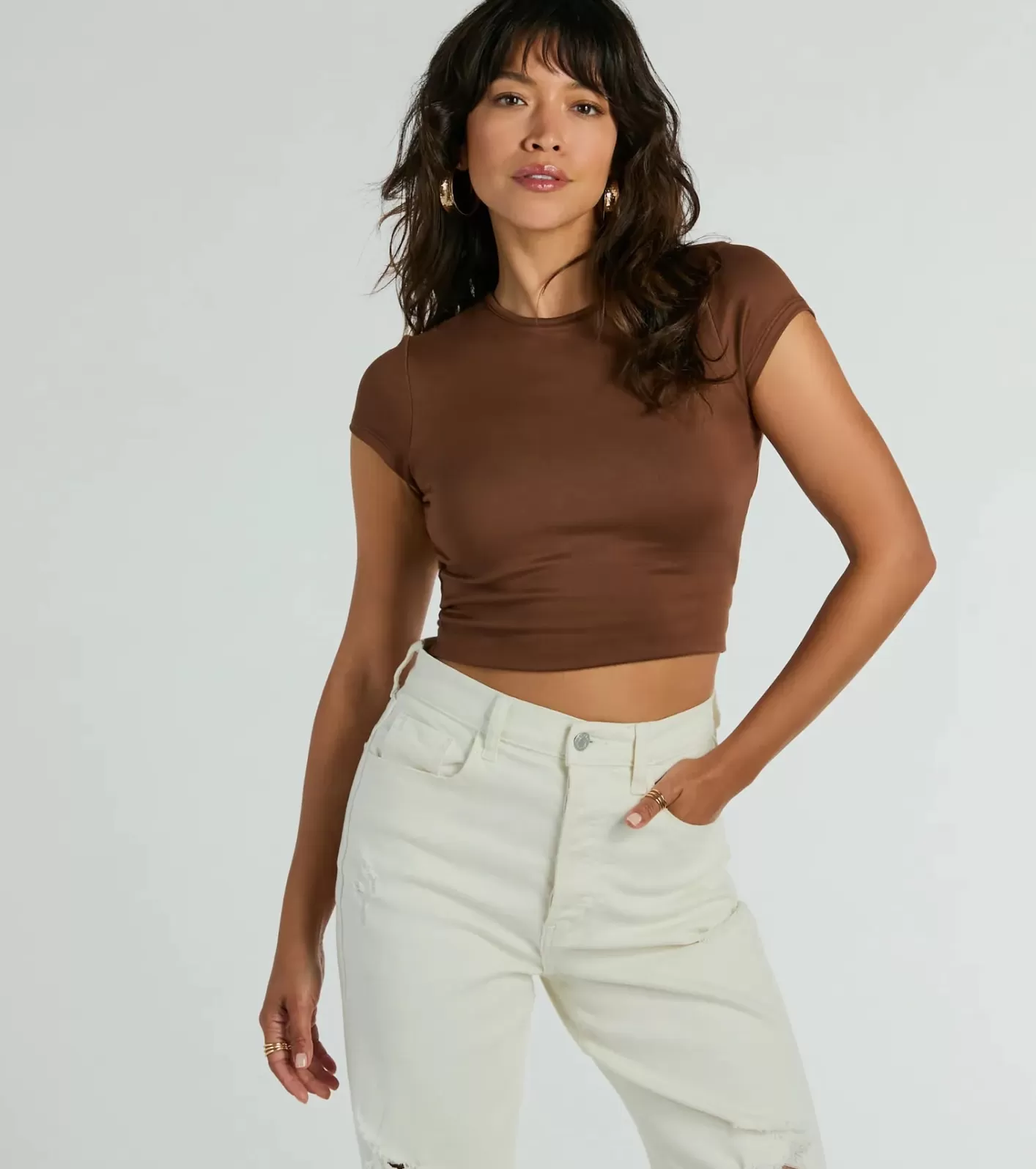 Windsor Back At It Short Sleeve Twist Crop Top BROWN Flash Sale
