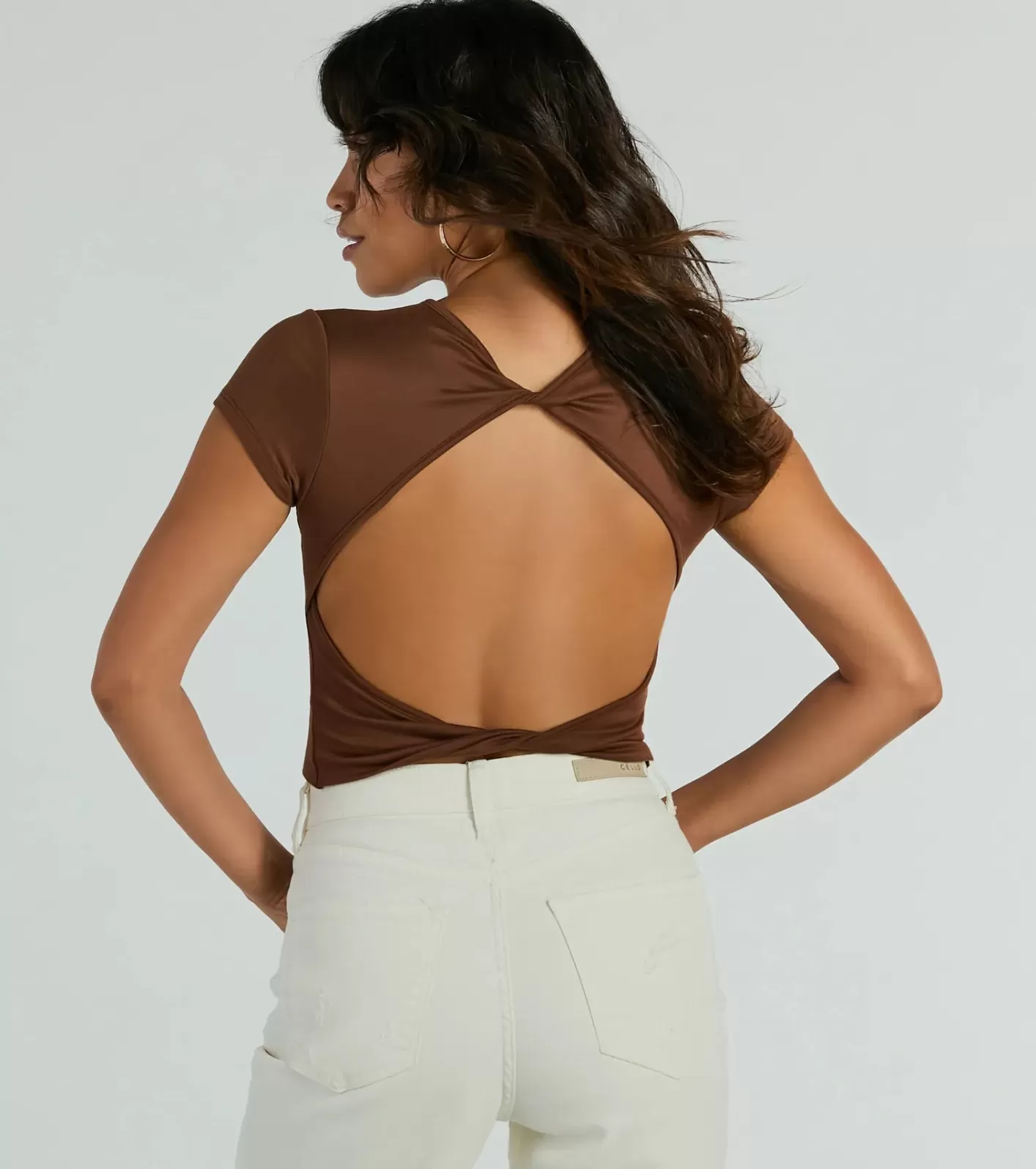 Windsor Back At It Short Sleeve Twist Crop Top BROWN Flash Sale