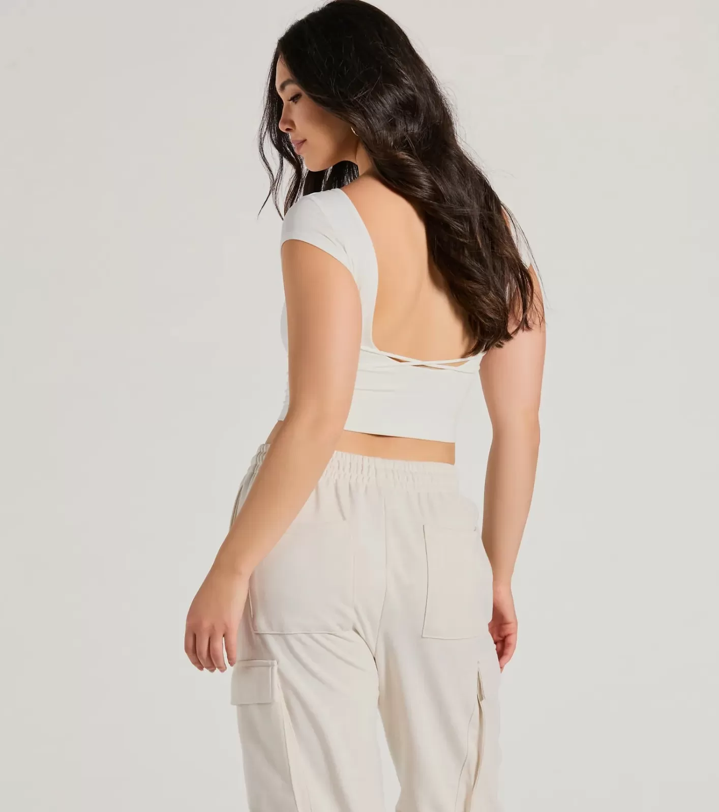 Windsor Back It Up Short Sleeve Strappy Crop Top WHITE New