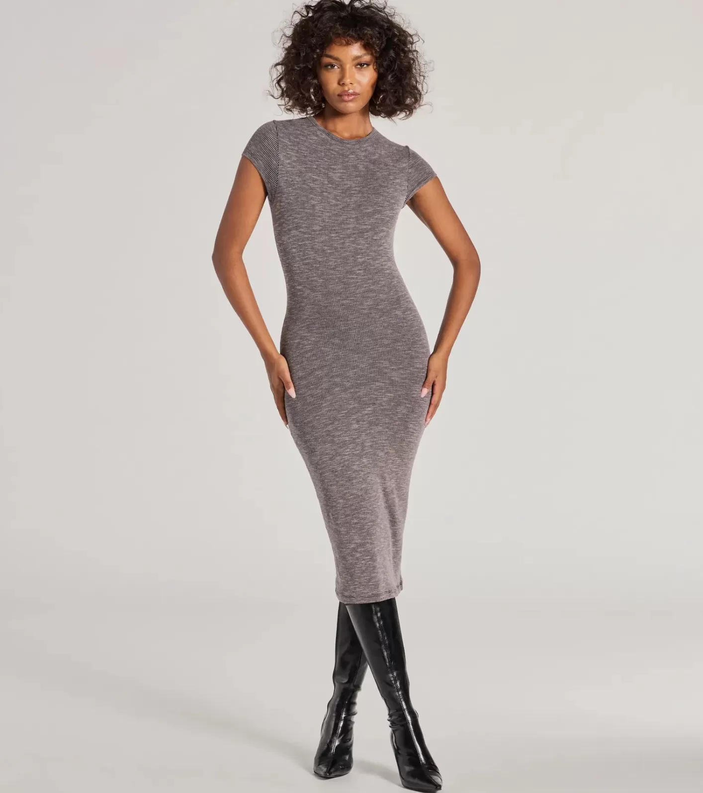 Windsor Back To Basics Ribbed Knit Midi Dress CHARCOAL Cheap