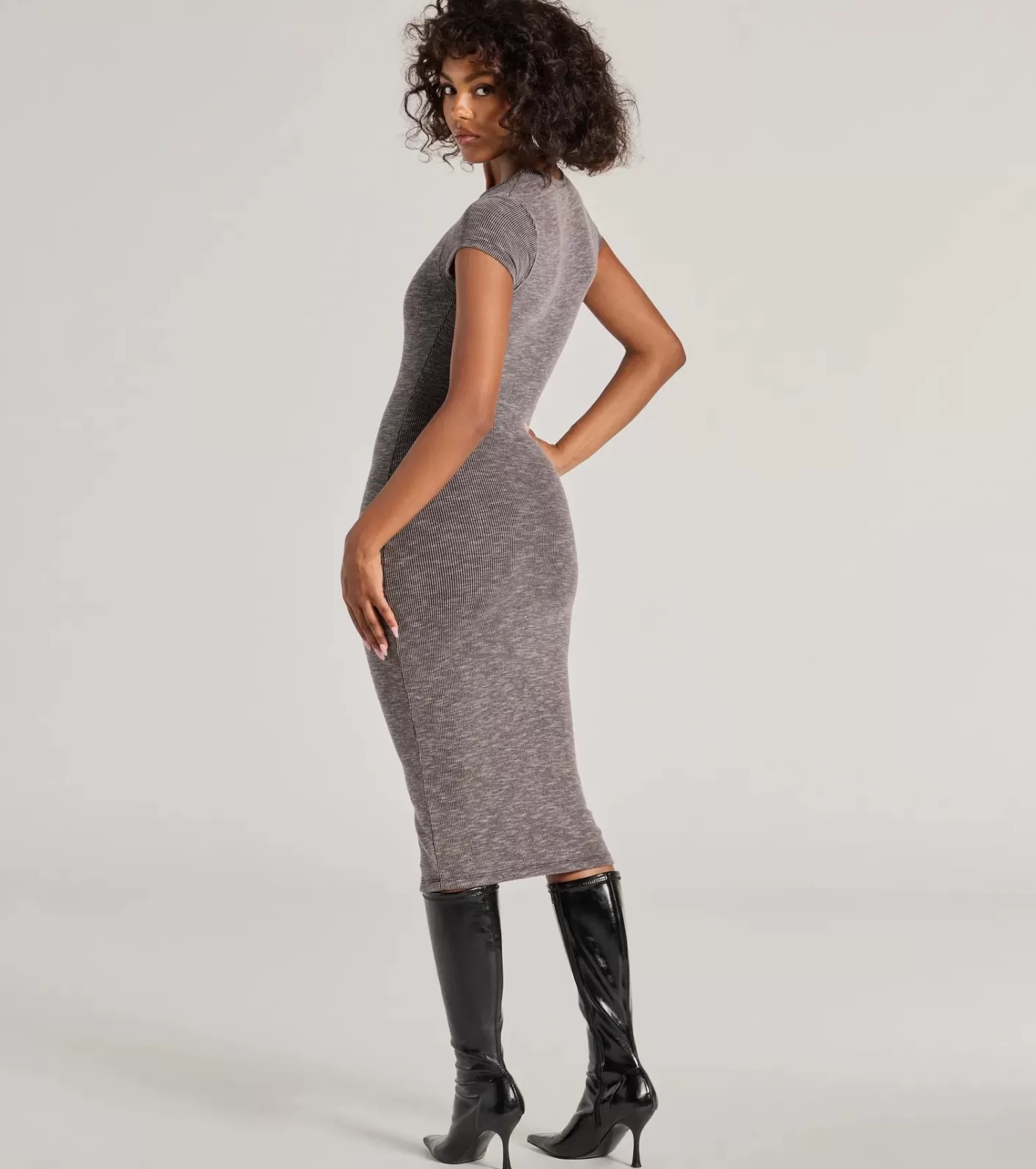 Windsor Back To Basics Ribbed Knit Midi Dress CHARCOAL Cheap