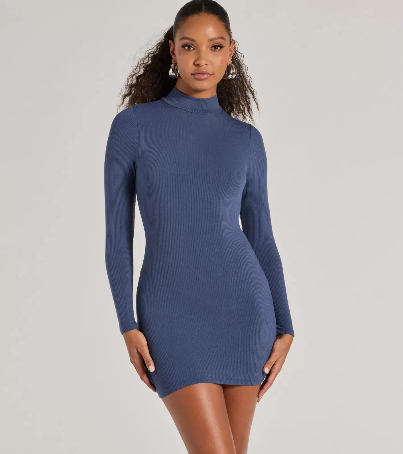 Windsor Basic Ribbed Knit Long Sleeve Mini Dress BLUE Fashion