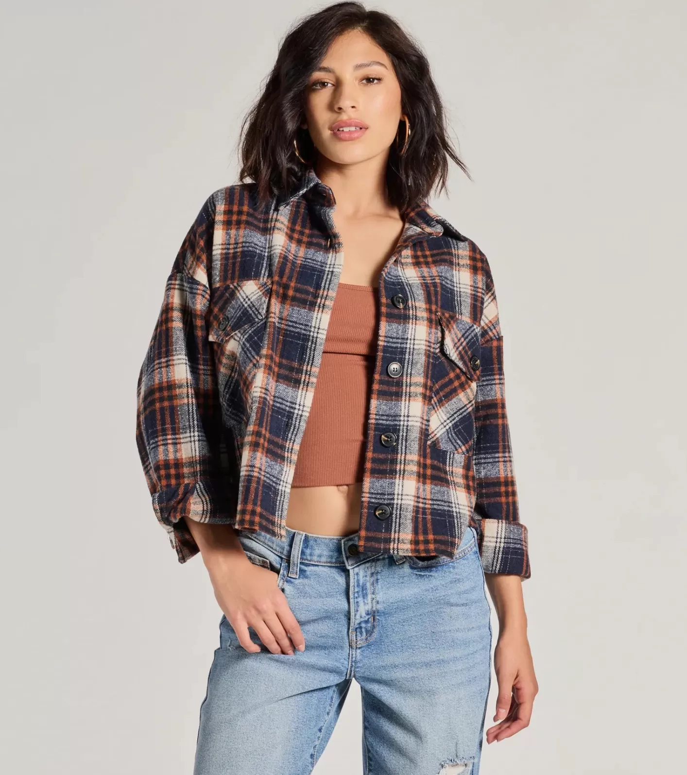 Windsor Basic Vibes Cropped Plaid Shacket NAVY Discount