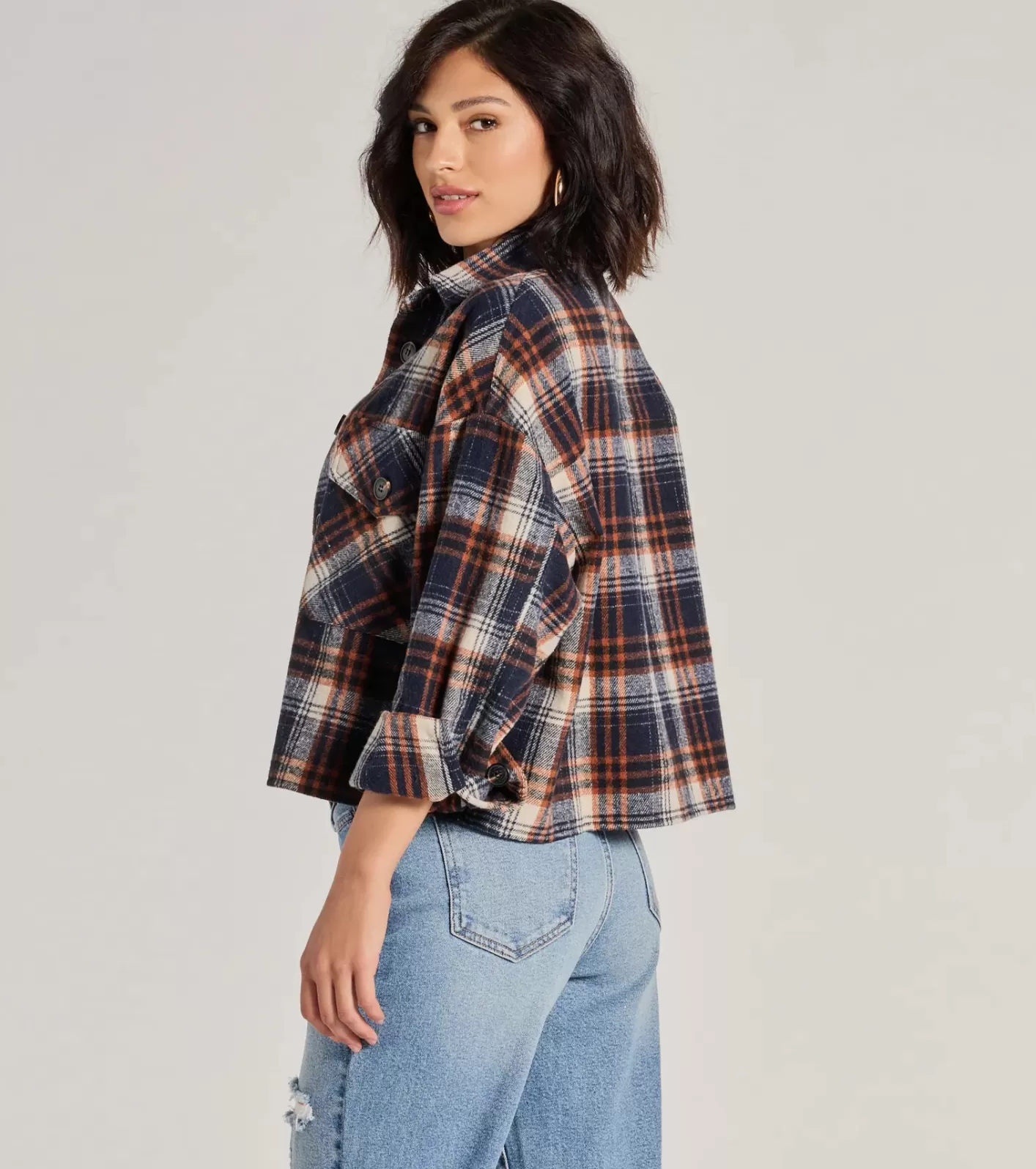 Windsor Basic Vibes Cropped Plaid Shacket NAVY Discount