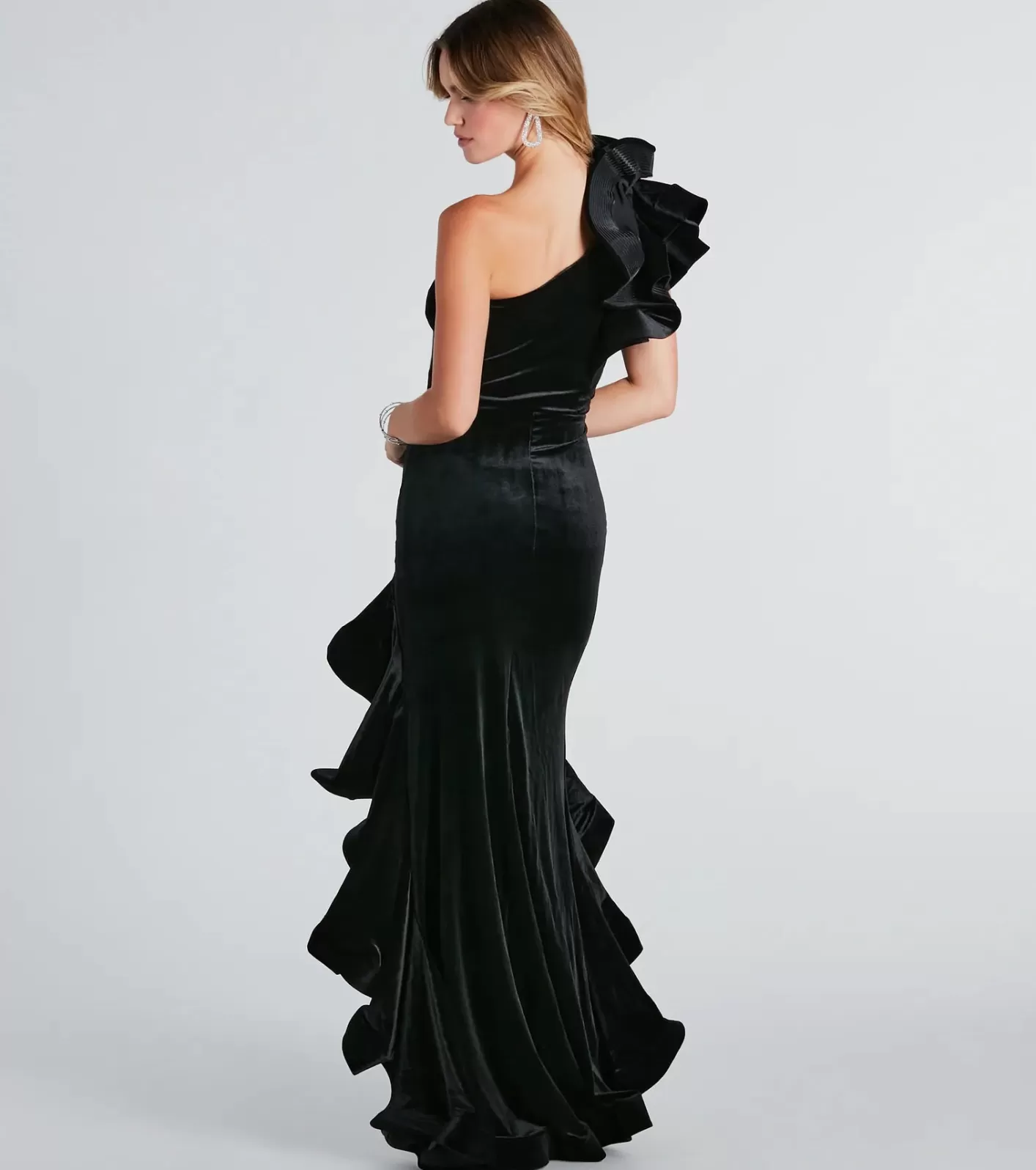 Windsor Beatrice Formal Velvet Ruffle High Low Dress BLACK Shop
