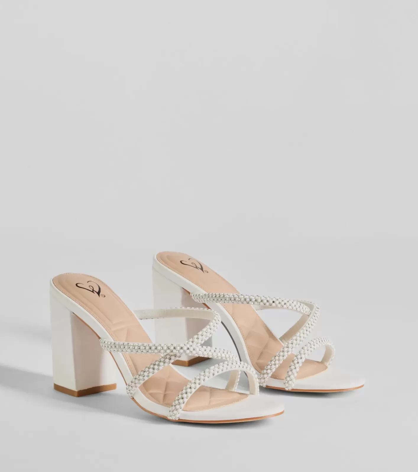 Windsor Beauty Unraveled Faux Pearl Rhinestone Block Heels WHITE Hot