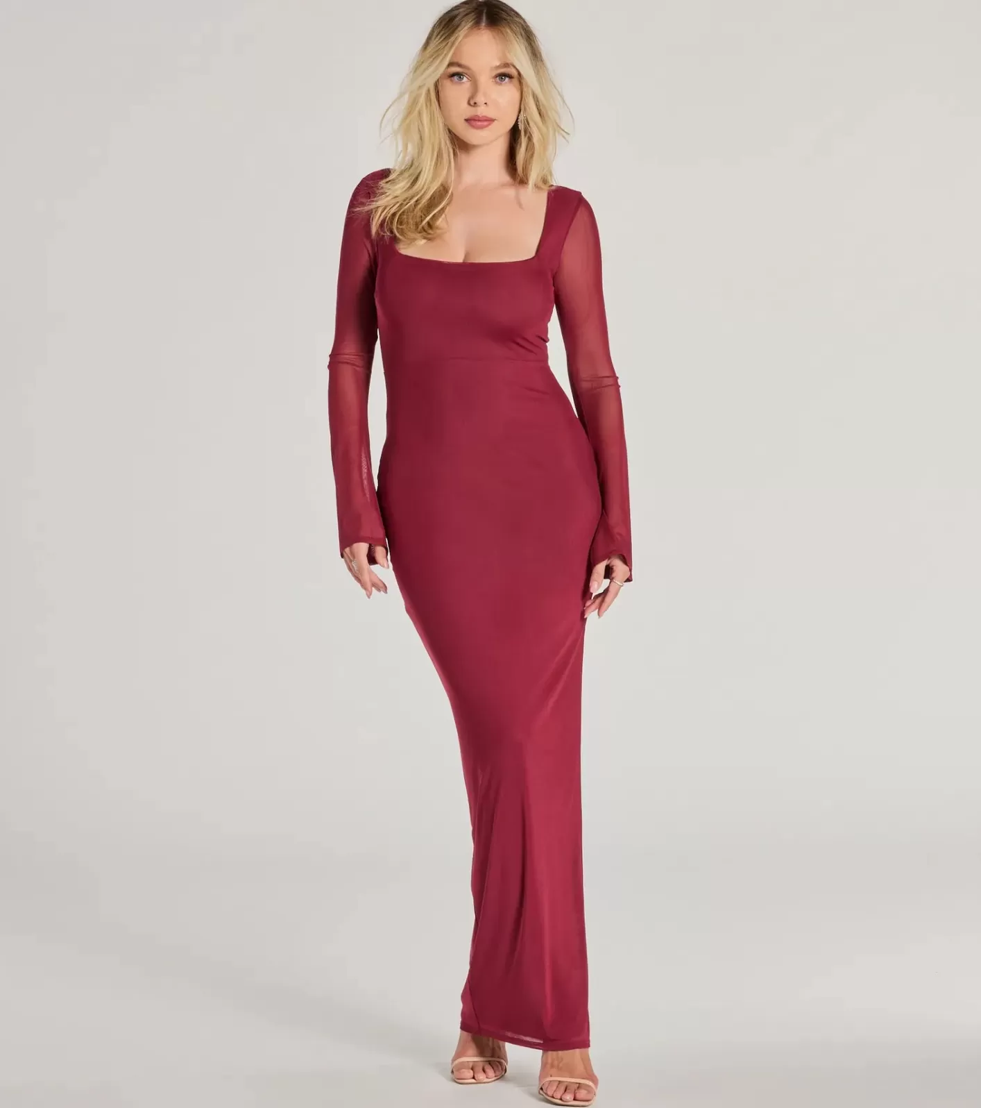 Windsor Becka Formal Mesh High Slit Long Dress BURGUNDY Shop