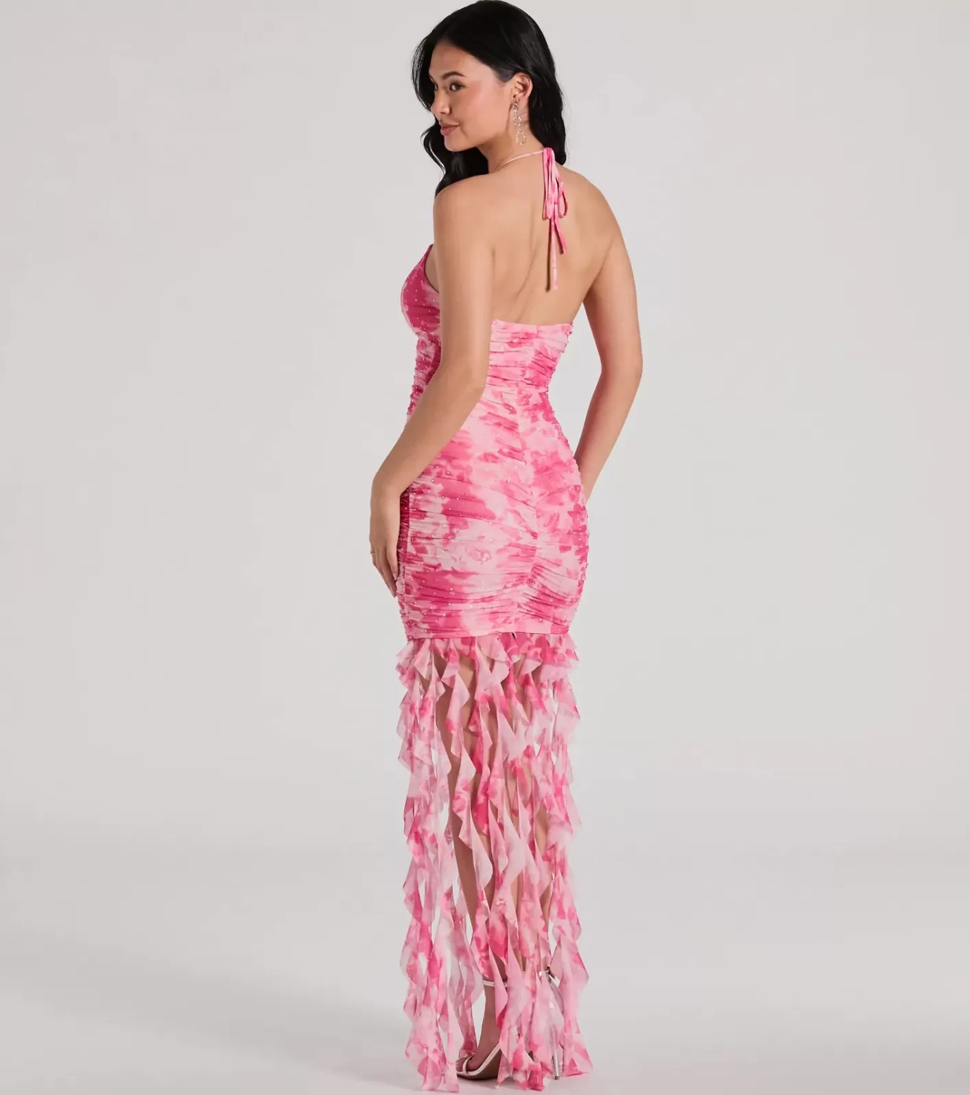 Windsor Belinda Halter Floral Rhinestone Ruffle Mini Dress PINK Sale