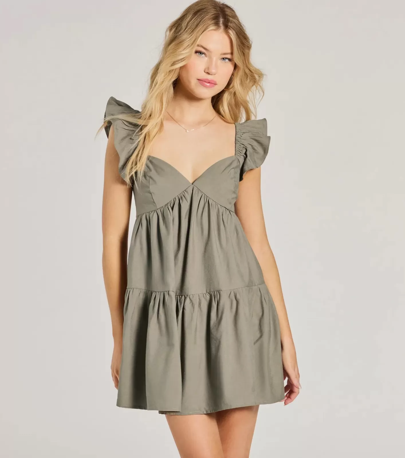 Windsor Beyond Precious V-Neck Ruffle Babydoll Dress OLIVE Clearance