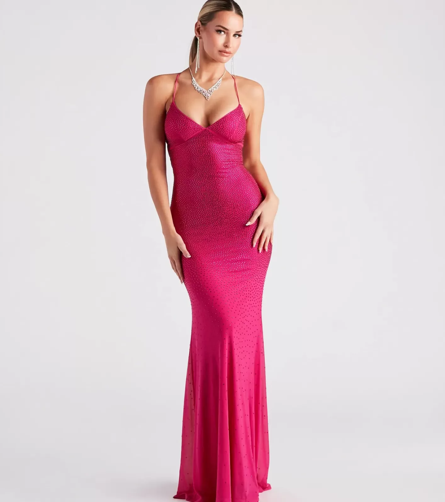 Windsor Blair Lace-Up A-Line Rhinestone Formal Dress FUCHSIA Flash Sale