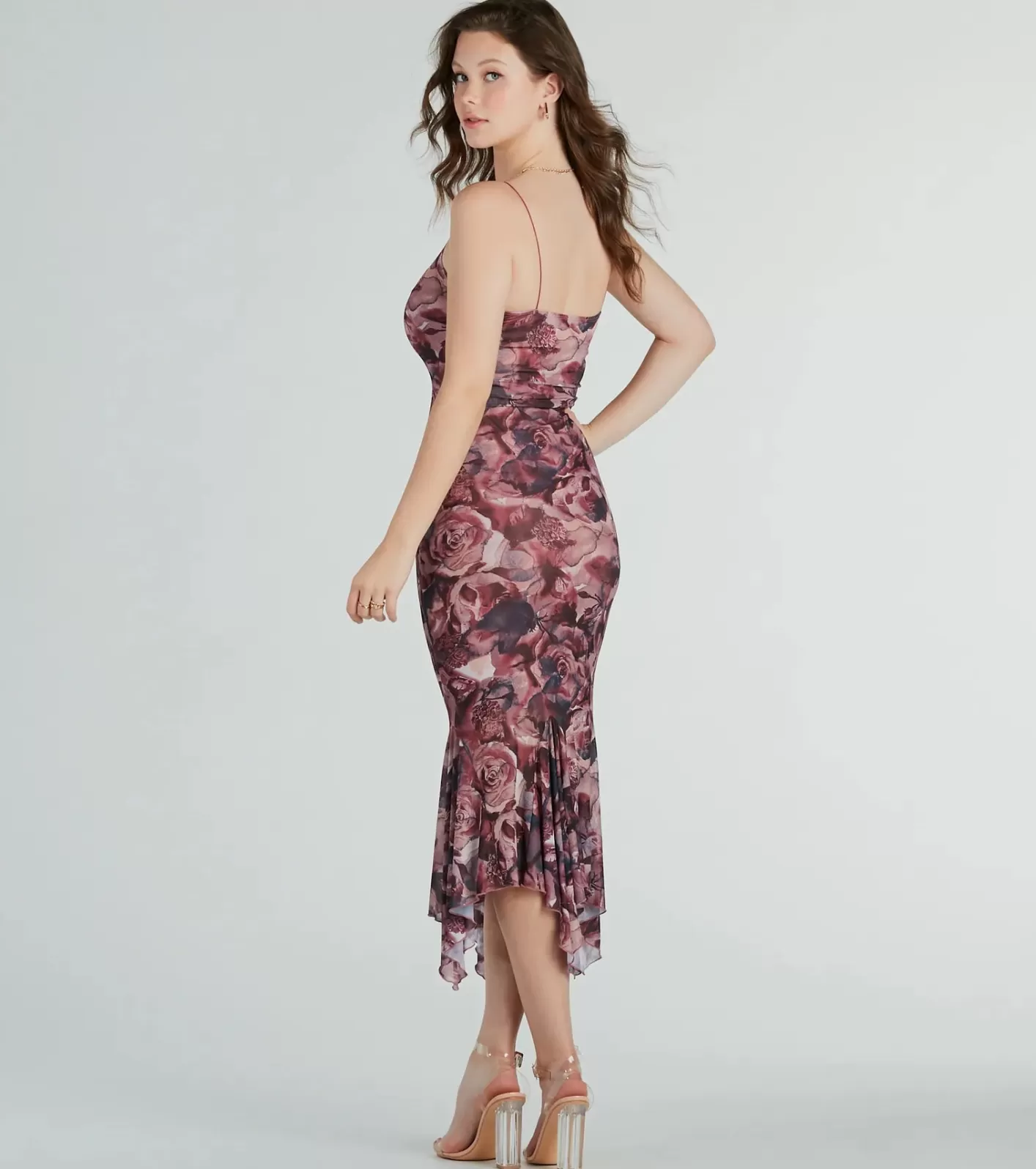 Windsor Bloom With A View Floral Ruffle Midi Dress WINE Clearance