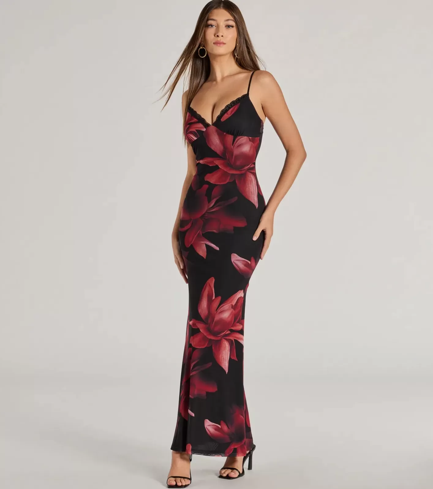Windsor Blooming Beauty Floral Print Mesh Maxi Dress RED Discount