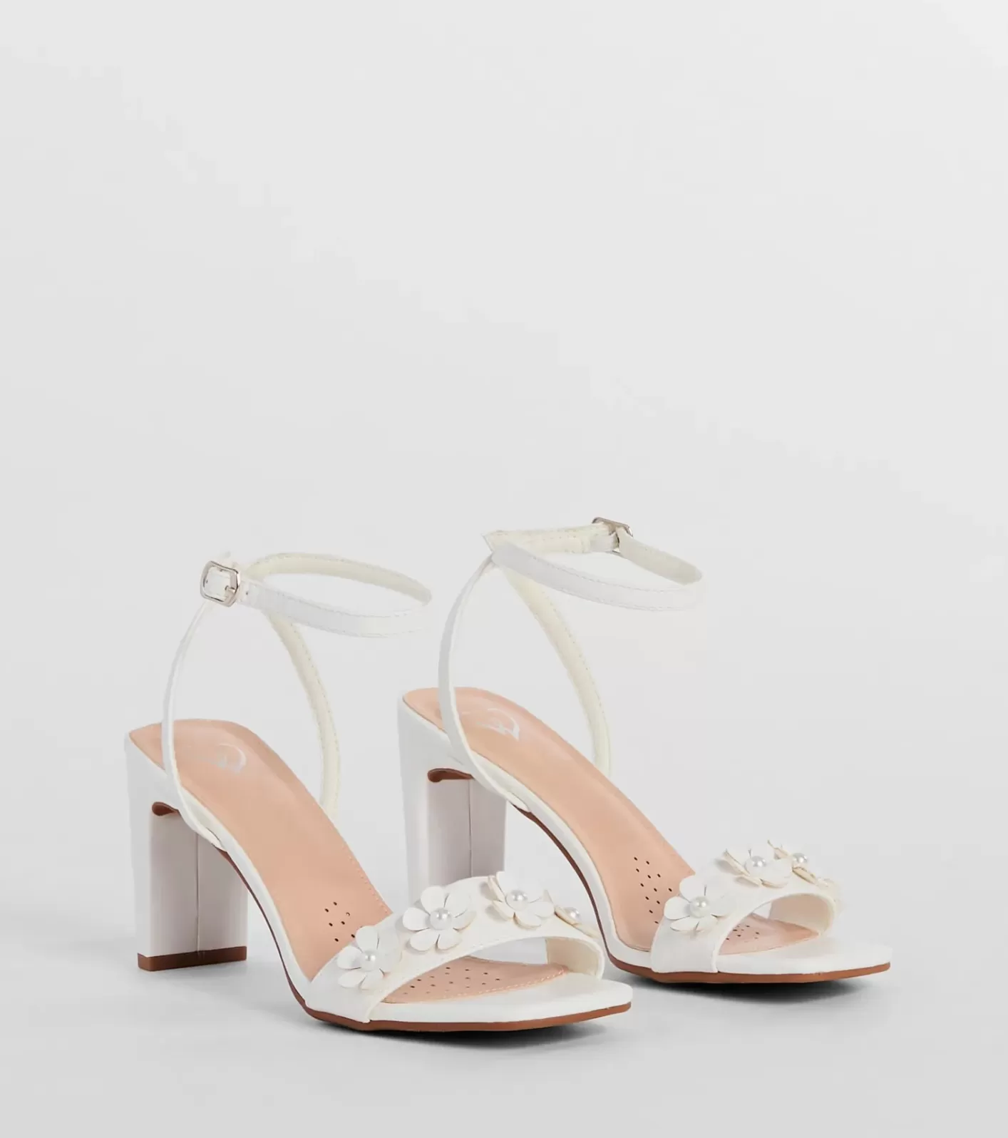 Windsor Blooming Chic Flower Detail Faux Leather Block Heels WHITE Best