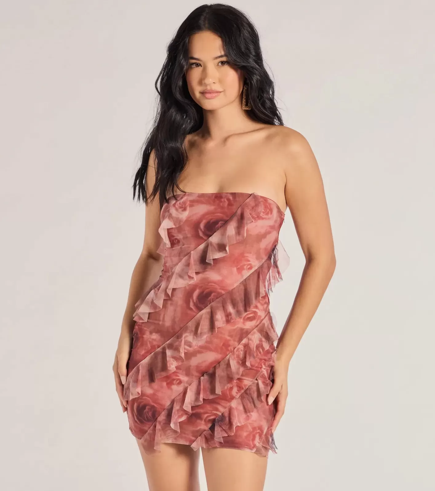Windsor Blooming Floral Print Ruffled Mesh Mini Dress REDBROWN Cheap