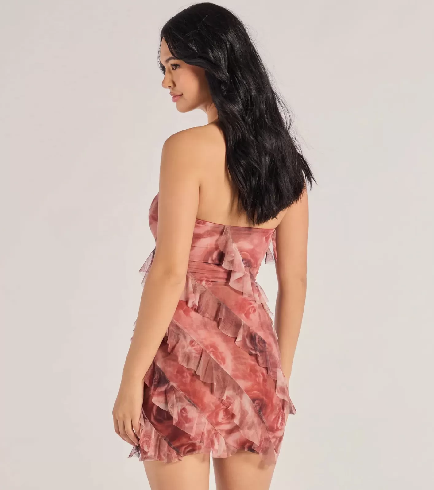 Windsor Blooming Floral Print Ruffled Mesh Mini Dress REDBROWN Cheap