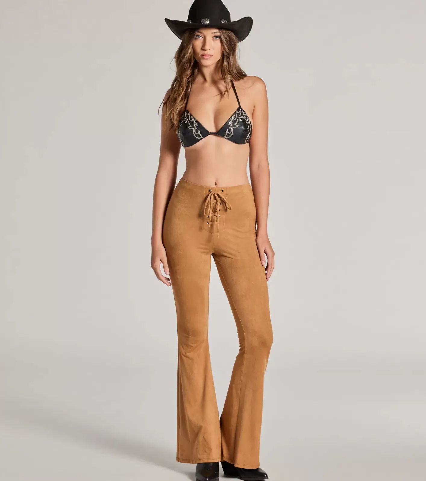 Windsor Bohemian Babe Lace-Up Faux Suede Flare Pants CAMEL Store