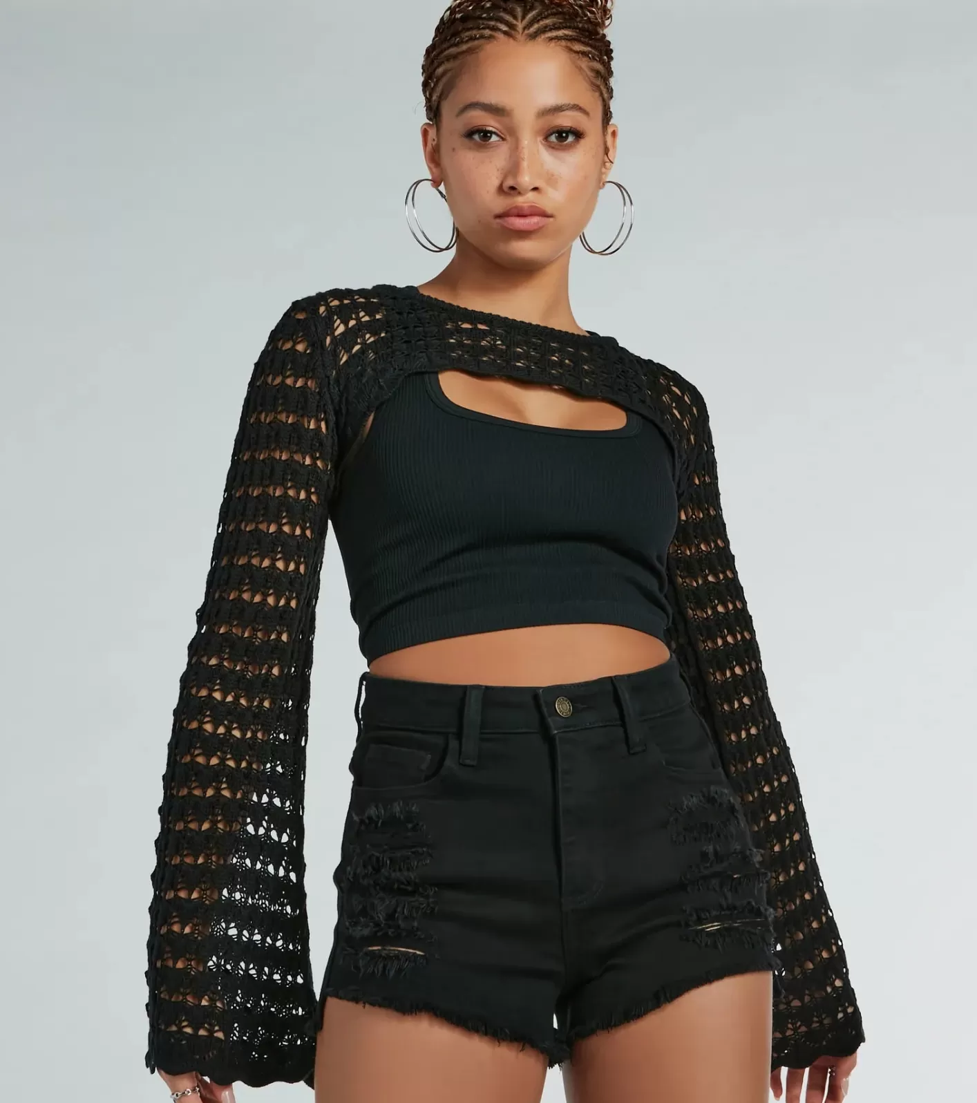 Windsor Boho Era Bell-Sleeve Crochet Topper BLACK Store