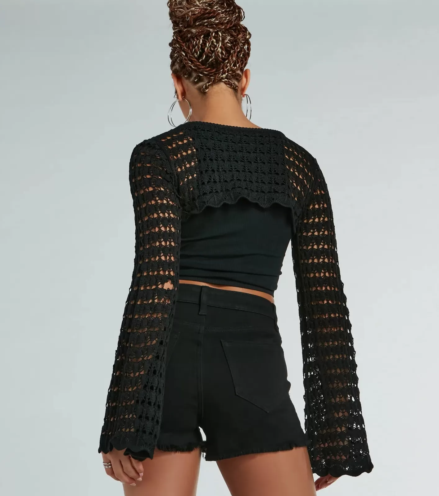Windsor Boho Era Bell-Sleeve Crochet Topper BLACK Store