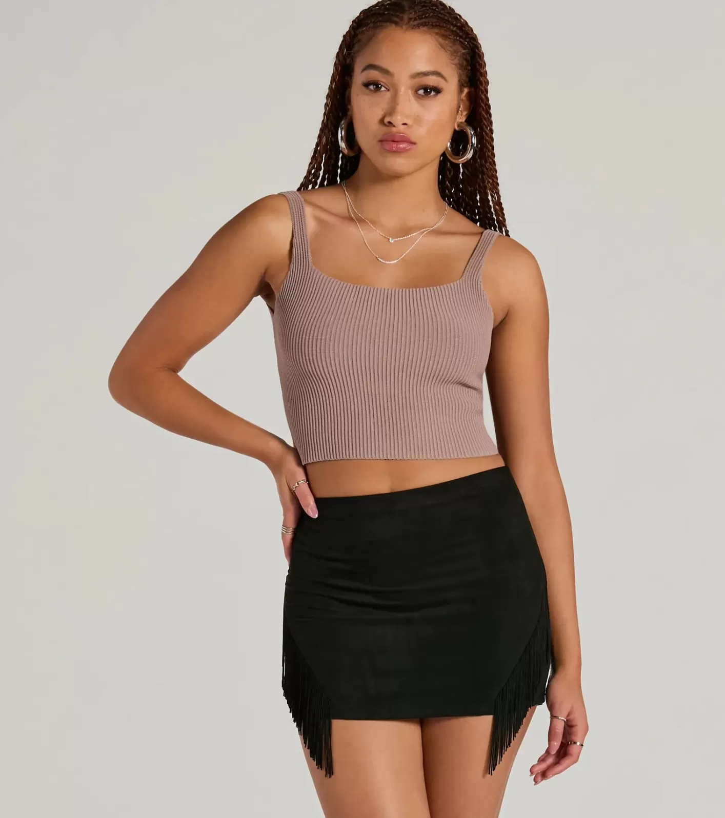 Windsor Boho Flair High Rise Fringe Faux Suede Mini Skirt BLACK Fashion