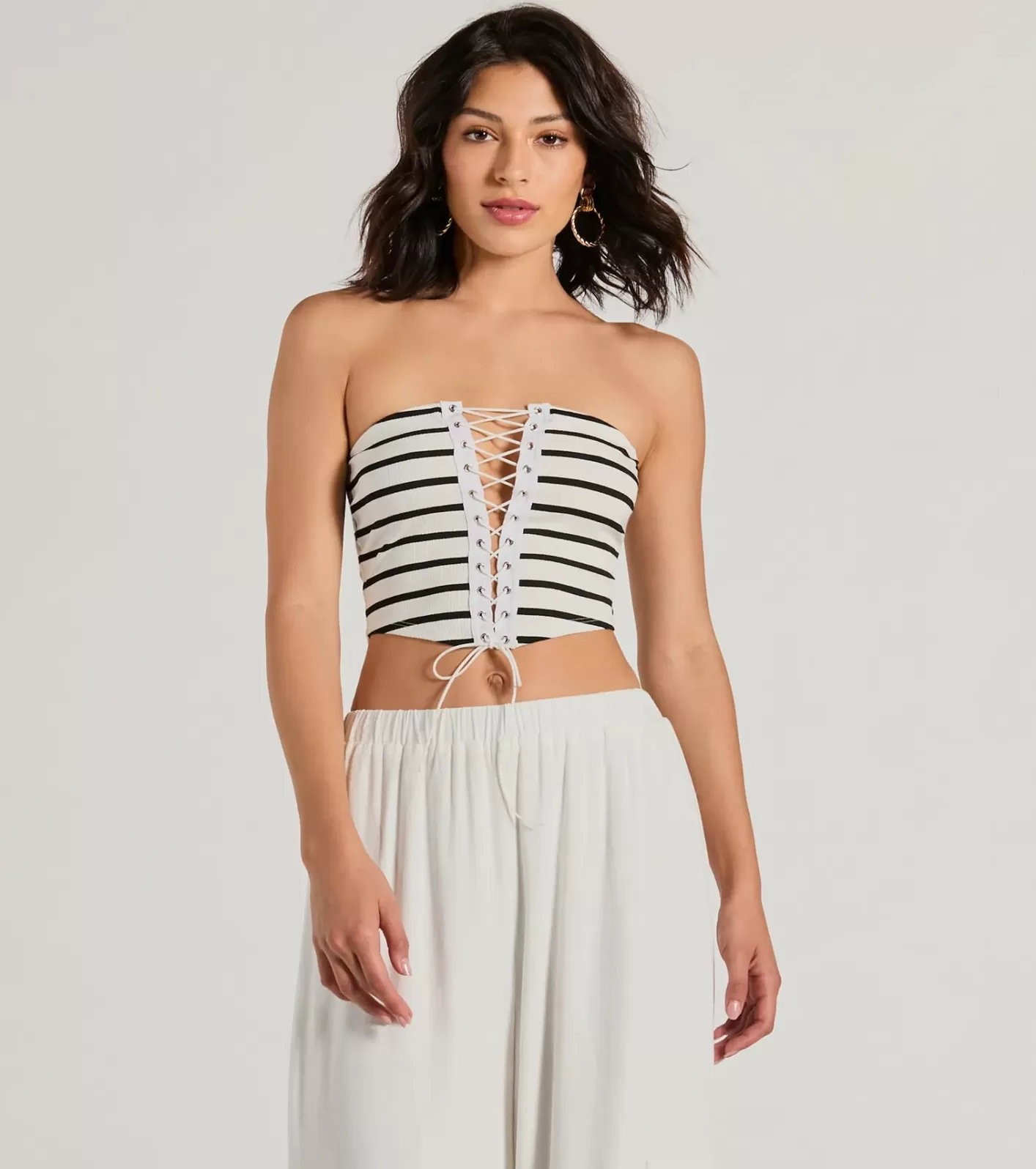 Windsor Bold Babe Strapless Lace-Up Striped Crop Top WHITE Best