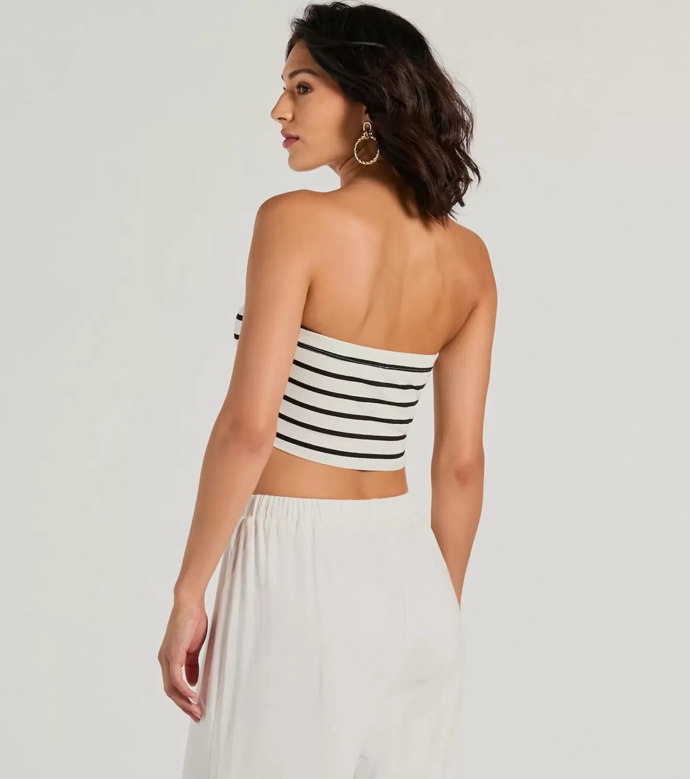 Windsor Bold Babe Strapless Lace-Up Striped Crop Top WHITE Best