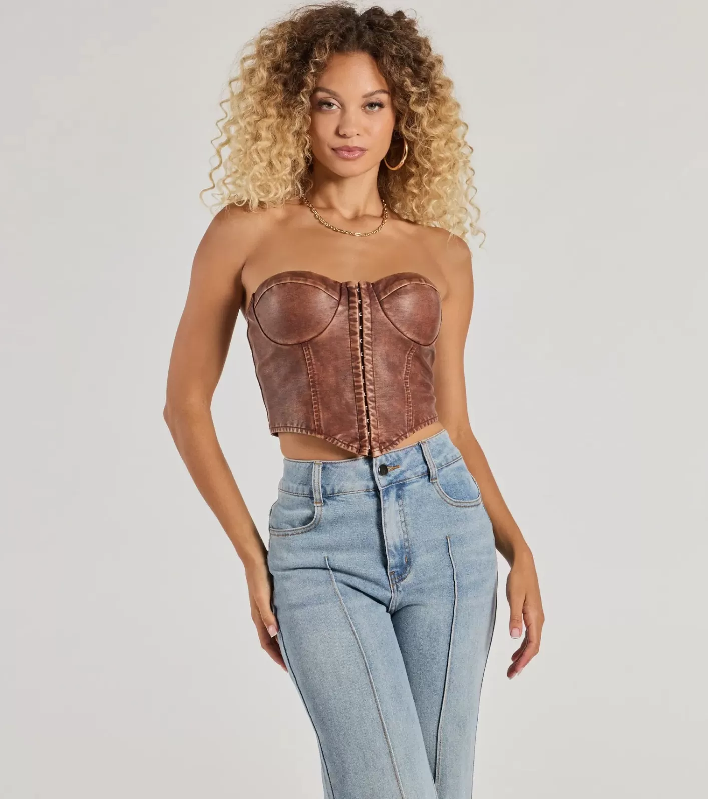 Windsor Boldly Chic Faux Leather Cropped Corset BROWN Outlet