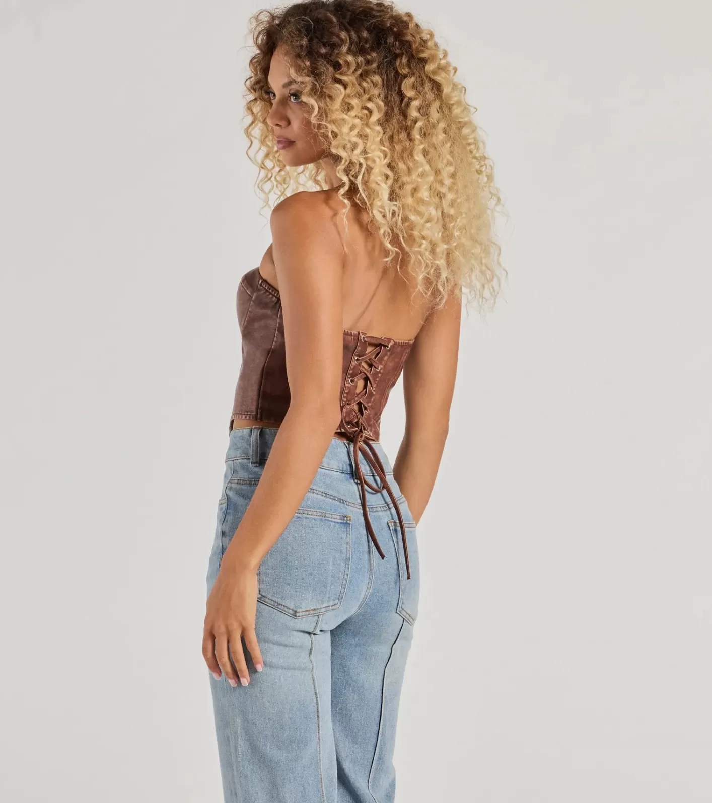 Windsor Boldly Chic Faux Leather Cropped Corset BROWN Outlet