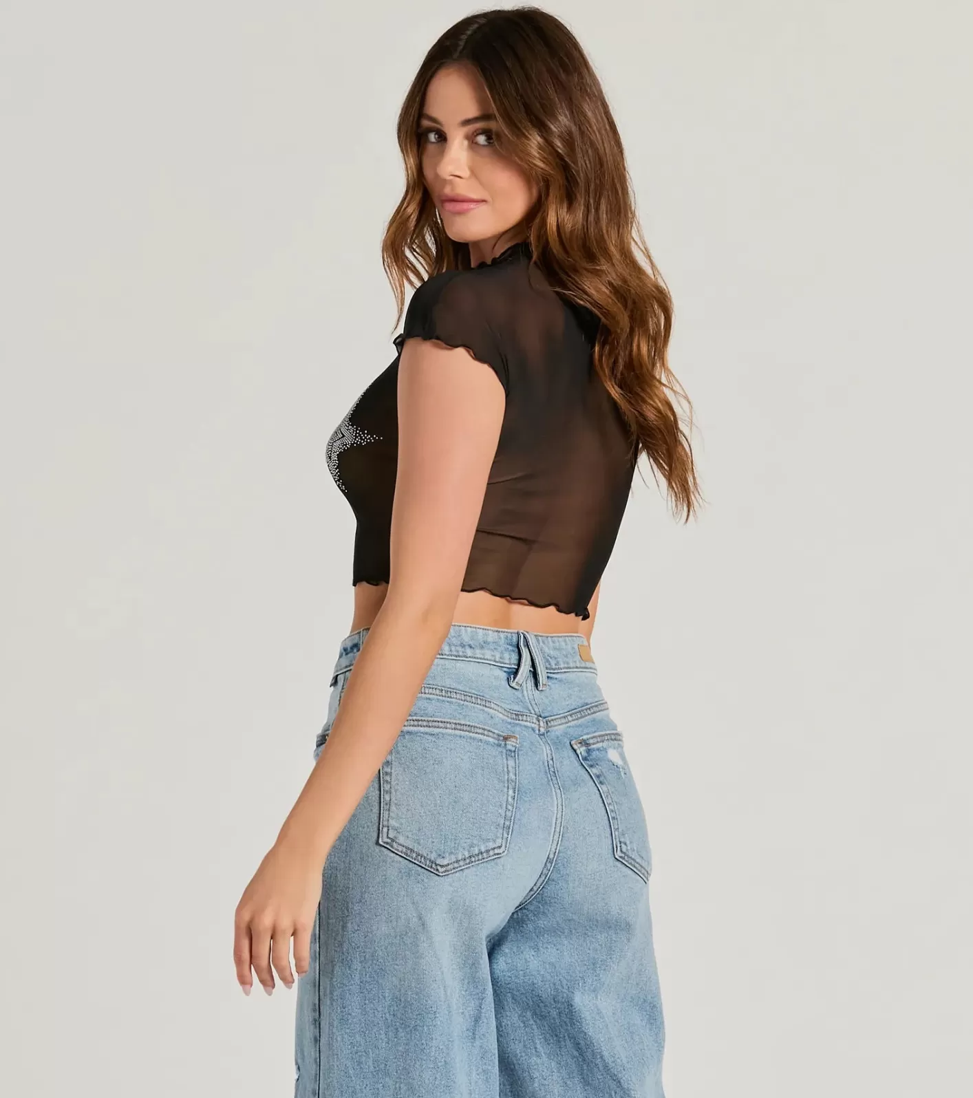 Windsor Born Star Rhinestone Sheer Mesh Crop Top BLACK Outlet