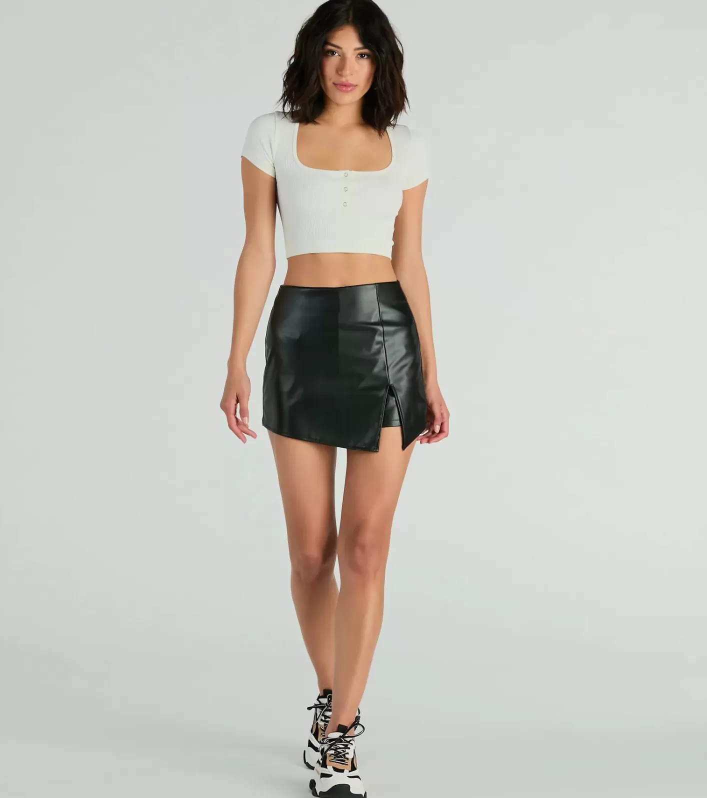 Windsor Born To Be Sleek High-Rise Slit Faux Leather Skort BLACK Discount