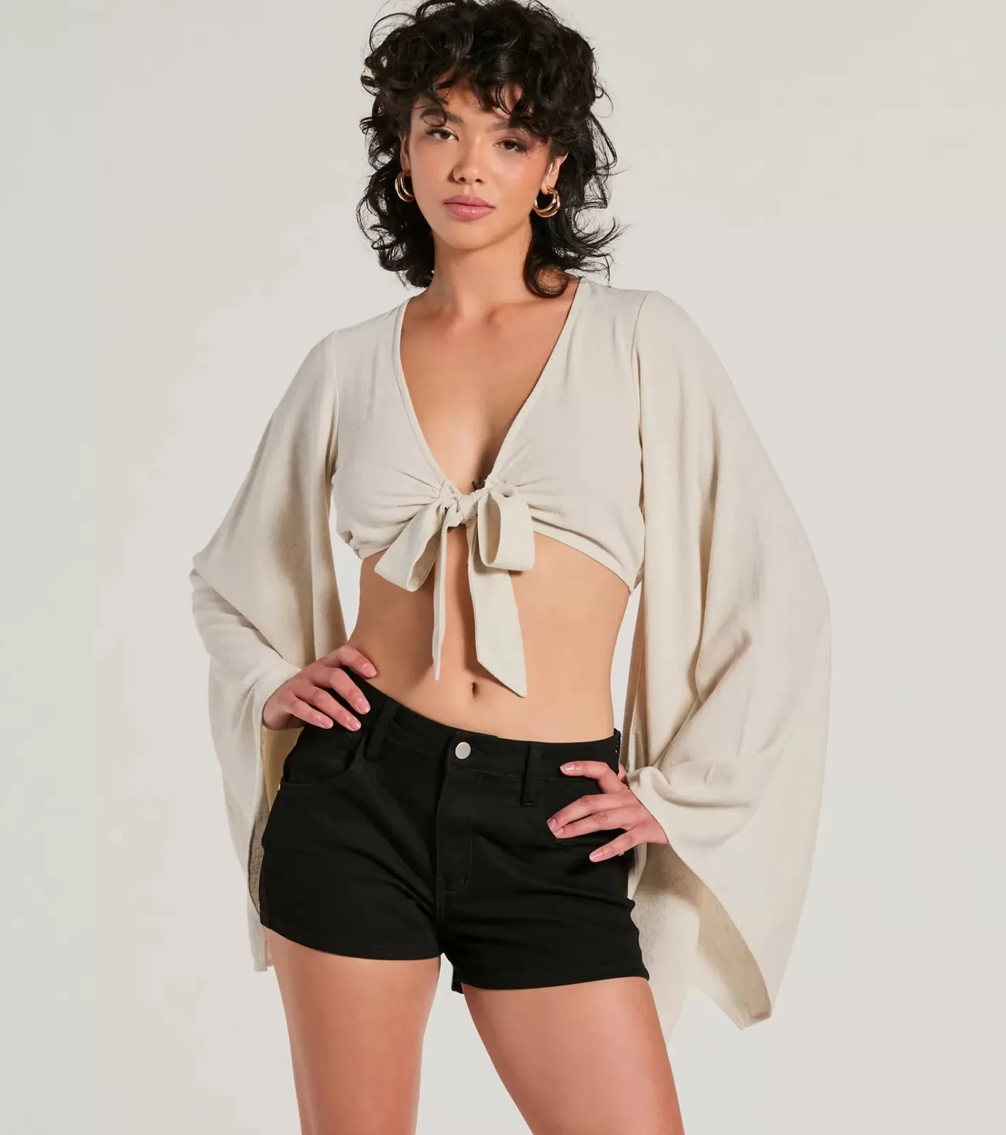 Windsor Breezy Energy Tie Front Long Sleeve Linen Top NATURAL Sale