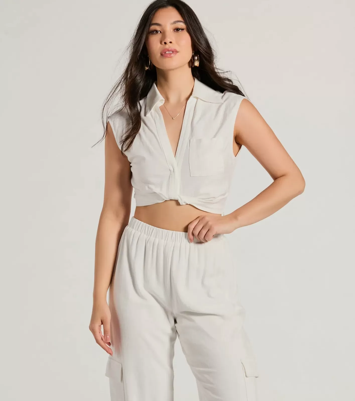 Windsor Breezy Mood Collared Linen Crop Top IVORY Best