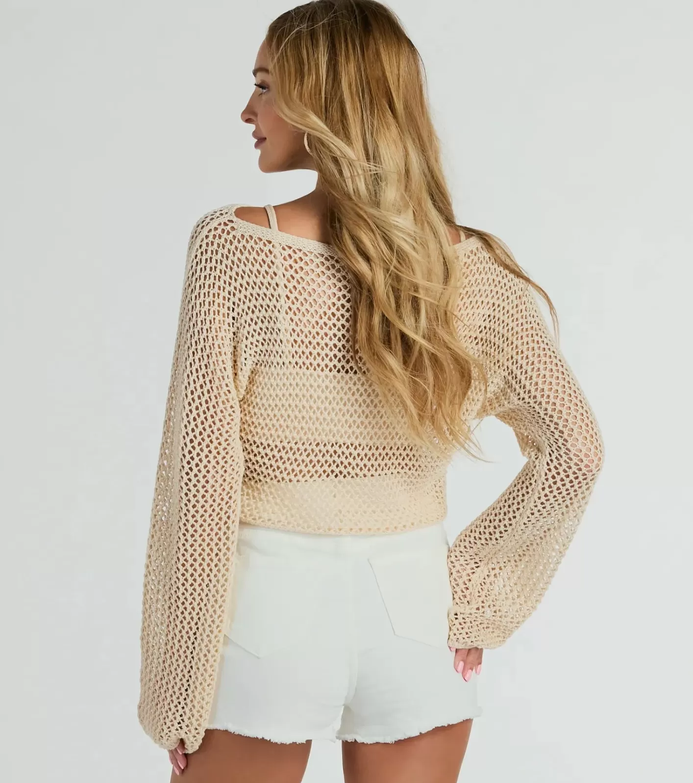 Windsor Breezy Style Sheer Crochet Cropped Sweater NATURAL Best