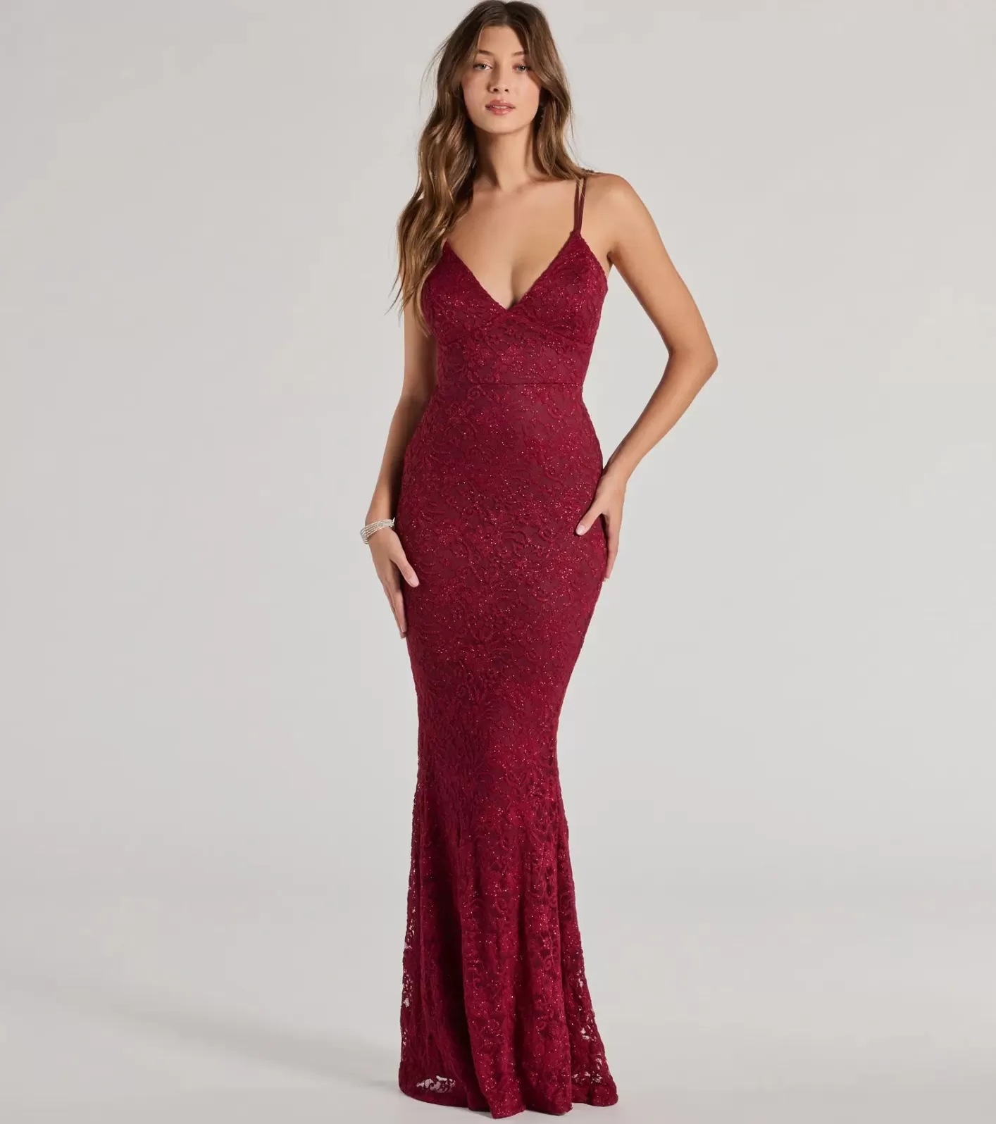 Windsor Briella Glitter Lace Cross-Back Mermaid Dress WINE Shop