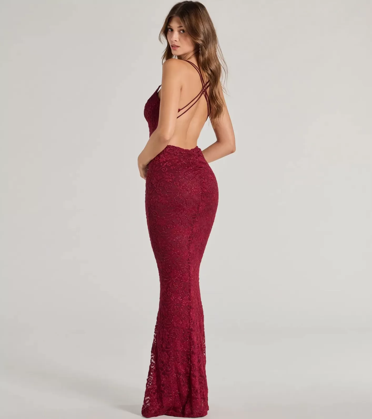 Windsor Briella Glitter Lace Cross-Back Mermaid Dress WINE Shop